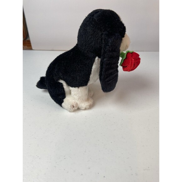 Russ Berrie 5” Black White Puppy Plush w/ Red Rose Small Valentine Gift Toy - Picture 8 of 16